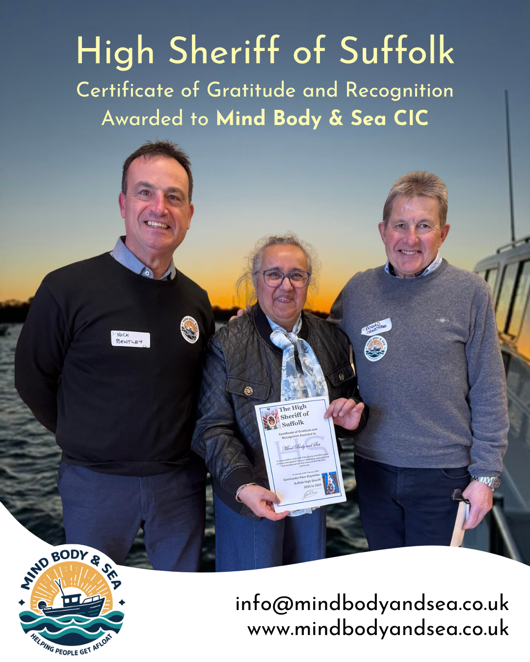 Mind Body & Sea receives Certificate of Gratitude and Recognition from the High Sheriff of Suffolk
